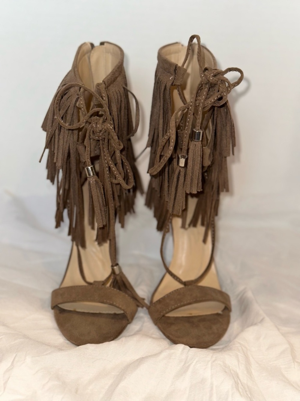 Fringe Lace-Up High Heel Sandals - Brown - Picture 1 of 6